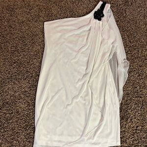 White One-Shoulder Dress with Black Floral Accent